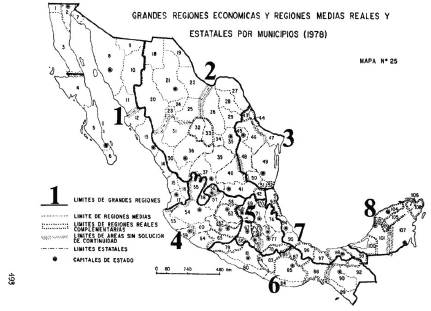 Grandes regiones econ�micas y regiones econ�micas medias reales y estatales por municipios seg�n Bassols (1978)