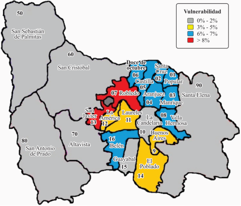 Distribuci&oacute;n espacial de la poblaci&oacute;n entre 15 y 24 a&ntilde;os de edad con alta vulnerabilidad, seg&uacute;n comuna de residencia. Medell&iacute;n, 2014.