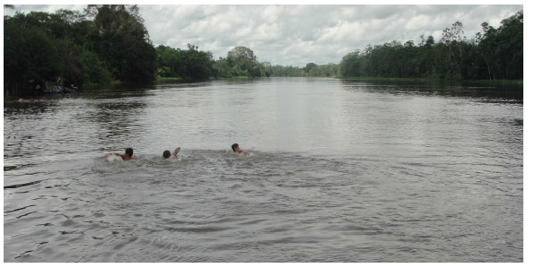 Meninos nadando, em frente &agrave; comunidade, com objetivo de chegar ao local onde est&atilde;o outras crian&ccedil;as, o local de encontro nas &aacute;guas