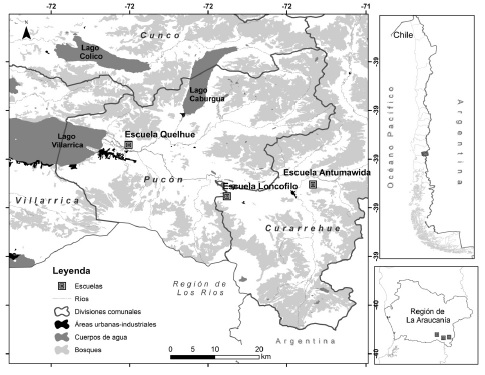 Área de estudio en donde se trabajó con tres escuelas de las comunas de Pucón y Curarrehue, Región de La Araucanía, sur de los Andes de Chile