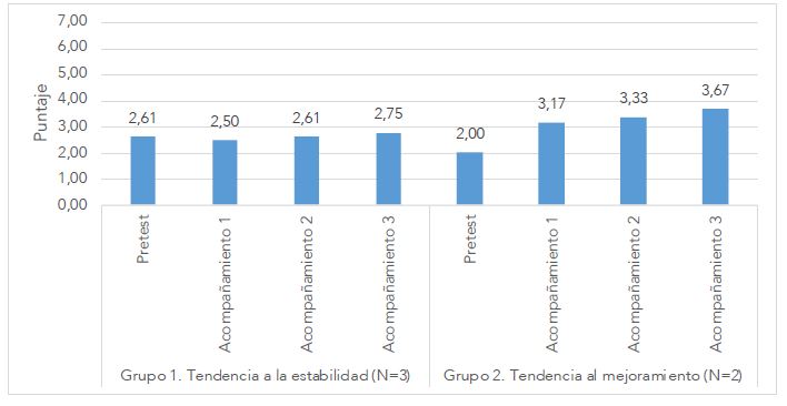 Puntajes promedio por grupo, de promoción de la autonomía en pretest y durante el acompañamiento