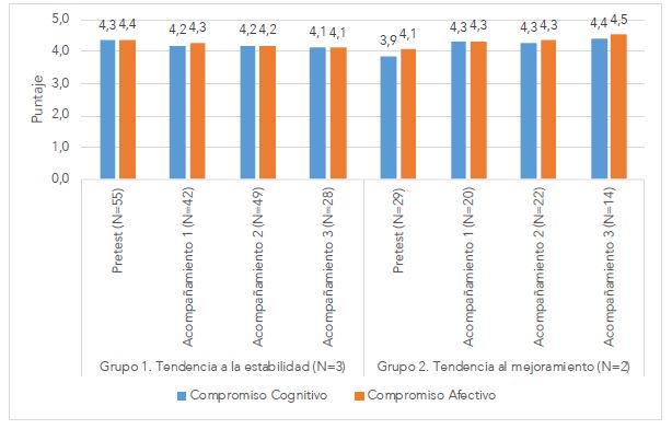 Puntajes promedio por grupo de compromiso cognitivo y afectivo de los estudiantes en pre-test y durante el acompañamiento