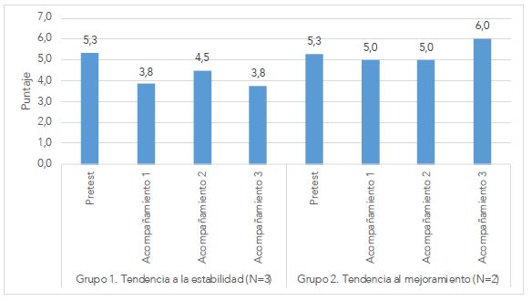 Puntajes promedio por grupo de participación de los estudiantes en pretest y durante el acompañamiento