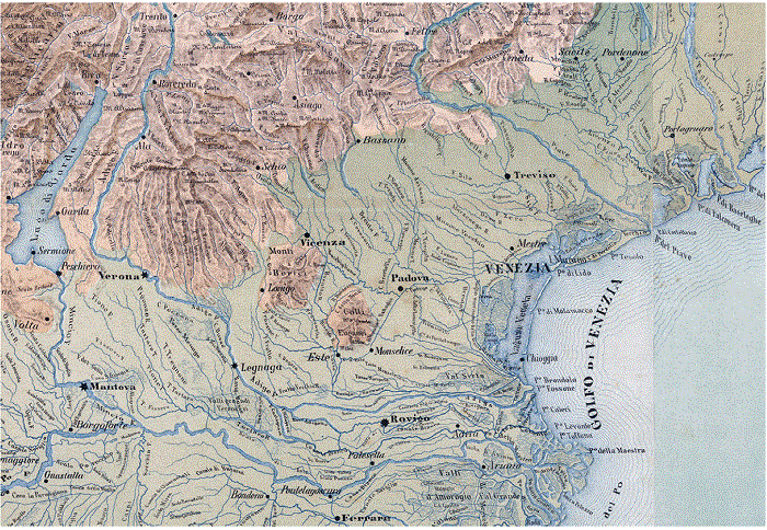 Detalle de la &ldquo;Carta oro-idrogeografica dell&rsquo;Italia settentrionale (Valle del P�, Tre Fogli)&rdquo;, en Atlante oro-idrografico corografico e storico dell&rsquo;Italia, Mil�n, Casa Editrice Dott. Francesco Vallardi, 1895.