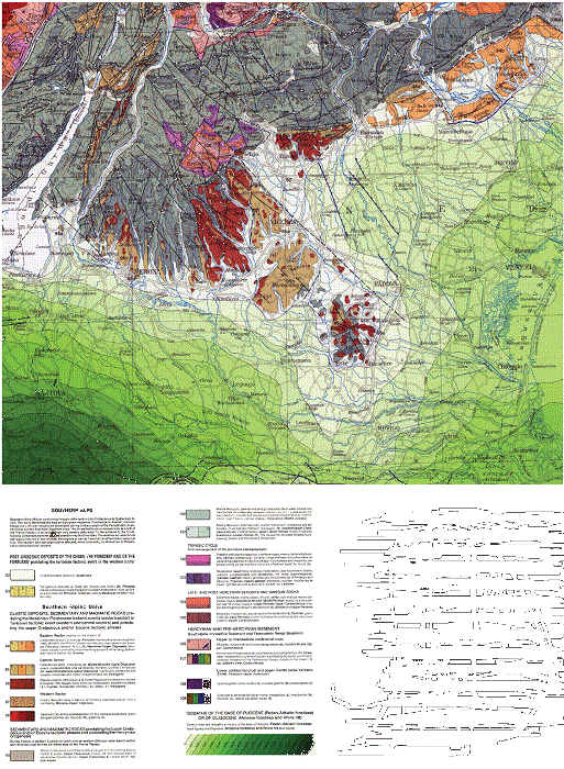 Detalle del mapa con leyenda simplificada Structural Model of Italy, Sheet 1, CNR - Progetto Finalizzato Geodinamica (editorial board: G. Bigi, A. Castellarin, M. Coli, G.V. Dal Piaz, R. Sartori, P. Scandone, G.B. Vai; regional coordinators: G.V. Dal Piaz, Alps and European foreland; A. Castellarin, Southern Alps; M. Boccaletti, Northern Apennines; A.G.I.P. Mineraria, Po Plain subsurface geology; R. Sartori, marine areas - CNR 1983, selca 1990; editorial responsible: Paolo Scandone).