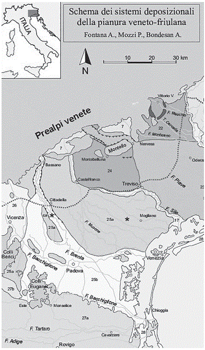 Detalle del diagrama de los sistemas deposicionales de la llanura v�neto-friulana. Leyenda simplificada: 17) Sistemas de los principales r�os de resurgimiento; 25) Sistema Brenta: a) sector pleistoceno (Bassano megafan), b) llanura Brenta holocena con aportes del Bacchiglione; 26) Abanico aluvial de �stico.