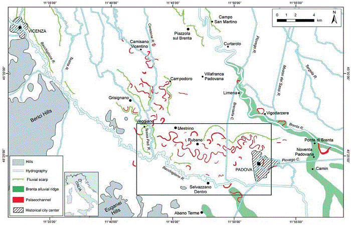 Haz del r�o Brenta y contexto hidrogeol�gico al oeste de la secuencia Lessinos-B�ricos-Euganeas.