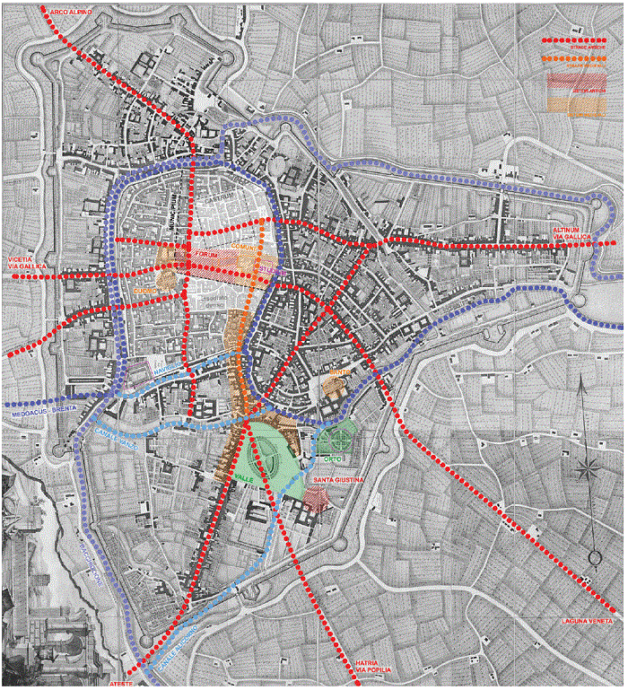 Mapa transhist�rico del asentamiento patavino: reconstrucci�n del esquema urbano y la red viaria de conexi�n entre la ciudad antigua y la medieval, consolidada en el paleo-recodo del r�o MedoacusBrenta, y el territorio alpino, de planicies y lagunero v�neto. Diagrama del autor, s�ntesis y adaptaci�n de: Antonio Cataldi, 2023, figs. 1-5, pp. 58-59, y Sergio Lucianetti 1970, figs. I-VII, pp. 72-77; base gr�fica: porci�n central de la Pianta di Padova, levantamiento urbano por Giovanni Valle, grabado e impresi�n por Giovanni Volpato, 1784, fuente y cortes�a de The Trustees of the British Museum, CC BY-NC-SA 4.0.