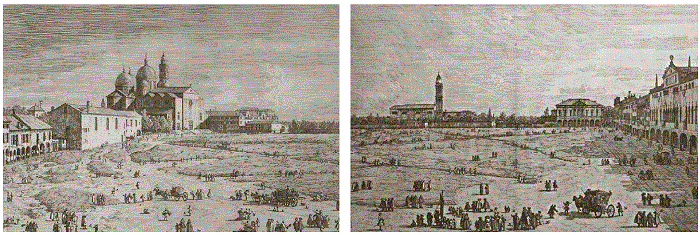 Antonio Canal, &ldquo;Canaletto&rdquo;, Santa Giustina in pr� della Valle y Pr� della Valle, grabados, 1840-42.