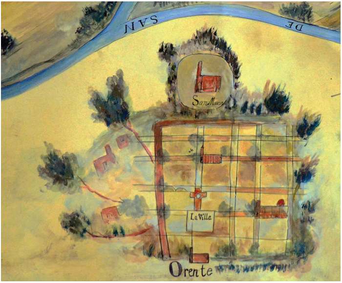 &ldquo;Detalle del Plano de la regi�n de la Villa de Aguascalientes&rdquo; donde se observa la divisi�n, disposici�n y l�mites entre la Villa y el pueblo de indios de San Marcos, as� como los rasgos geogr�ficos m�s importantes, 1730.