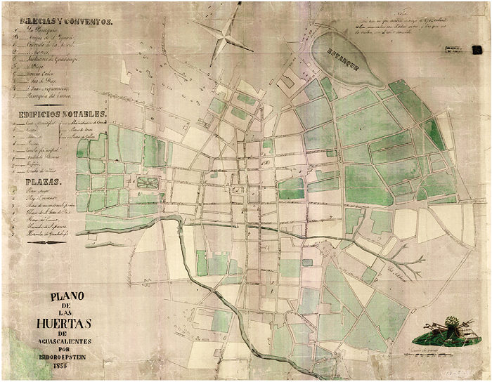 Plano de las huertas de Aguascalientes, por Isidoro Epstein, en donde se observa el jard�n, al l�mite de la ciudad, en lo que una vez fuera el pueblo de indios; se identifica con color verde las huertas o jardines que eran regados con agua del manantial del Ojocaliente, al oriente de la ciudad; y se identifican la conformaci�n de la plazuela de San Marcos, la plaza de toros del Buen Gusto y las plazas de gallos al norte y sur del jard�n respectivamente, 1855.