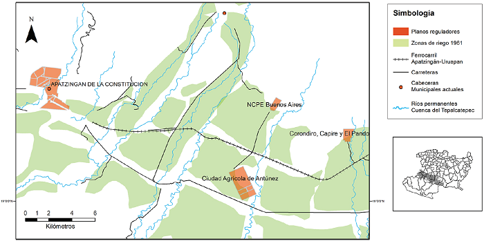 Principales sitios con planos reguladores en la zona de Apatzing�n en la d�cada de 1950: Ciudad de Apatzing�n; Ciudad Agr�cola de Ant�nez; ncpe Buenos Aires; y Corondiro, Capire y Pando.