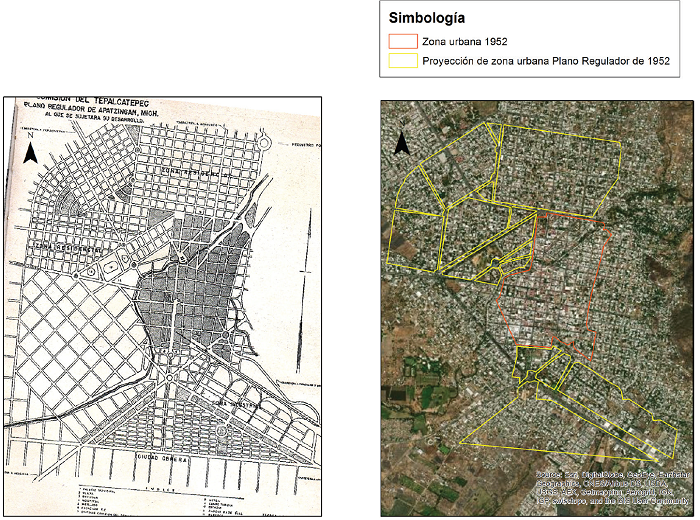 Comparativo: Plano Regulador de Apatzing�n publicado en 1952 y zona urbana actual.