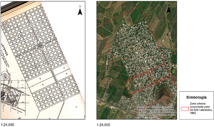 Comparativo: Plano Regulador de la nueva ciudad agr�cola de Ant�nez (ca. 1953) vs. Ant�nez en la actualidad.