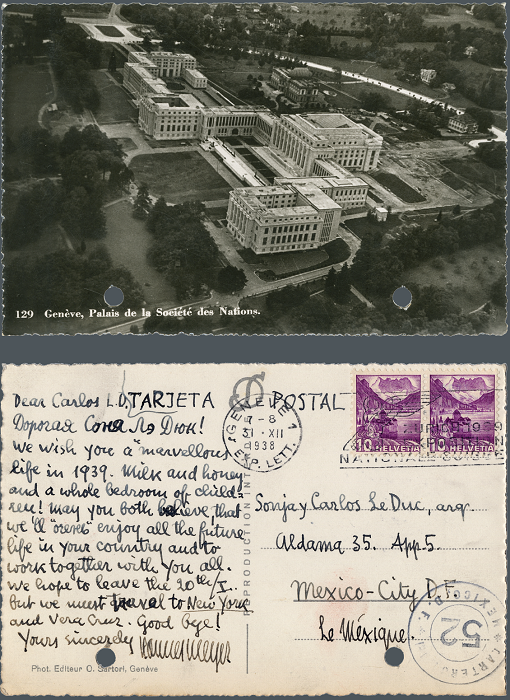 Postal enviada por Hannes Meyer a Carlos y Sonja Leduc, 31 de diciembre de 1938.