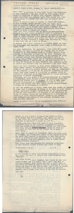 Correspondencia de Hannes Meyer a Carlos y Sonja Leduc, 14 de febrero de 1939.