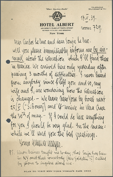 Correspondencia de Hannes Meyer a Carlos y Sonja Leduc, 17 de mayo de 1939.