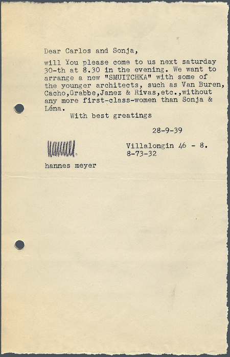 Correspondencia de Hannes Meyer a Carlos Leduc y Sonja Leduc, 28 de septiembre de 1939.