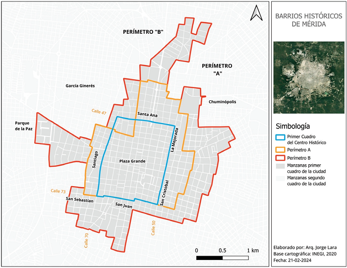 Mapa de los barrios hist�ricos de la ciudad de M�rida.