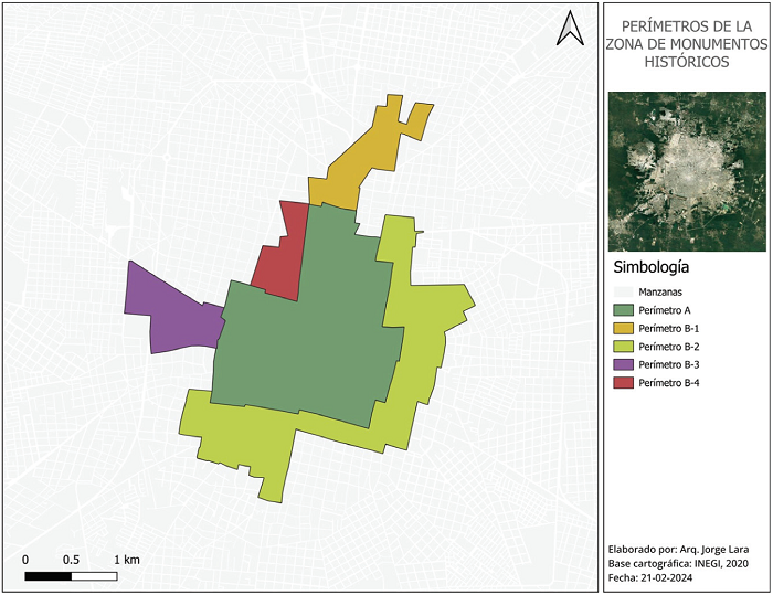 Mapa de per�metros de la Zona de Monumentos Hist�ricos de M�rida, seg�n Declaratoria Federal de 1982.