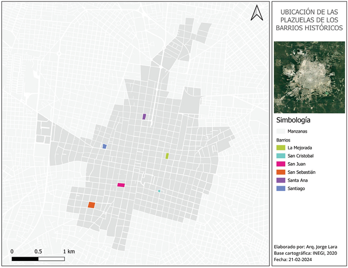 Mapa de ubicaci�n de las plazuelas de los barrios dentro del centro hist�rico de M�rida.
