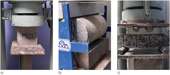 Configuraci�n para pruebas mec�nicas en prensa hidr�ulica de150 toneladas. a) Resistencia a la compresi�n, b) resistencia a la tensi�n, c) resistencia a la flexion.