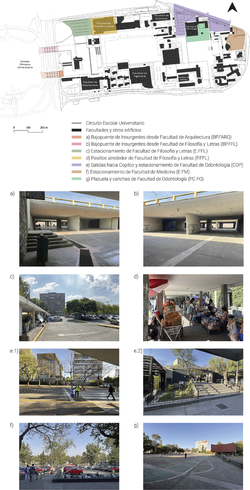 Pol�gonos de estudio: a) Bajopuente de Insurgentes por Facultad de Arquitectura, b) Bajopuente de Insurgentes porFacultad de Filosof�a y Letras, c) Estacionamiento de Facultad de Filosof�a y Letras, d) Pasillos alrededor de Facultad de Filosof�a y Letras; e) Salidas hacia Copilco y estacionamiento de Facultad de Odontolog�a, f) Estacionamiento de Facultad de Medicina, g) Plazuela y canchas de Facultad de Odontolog�a.