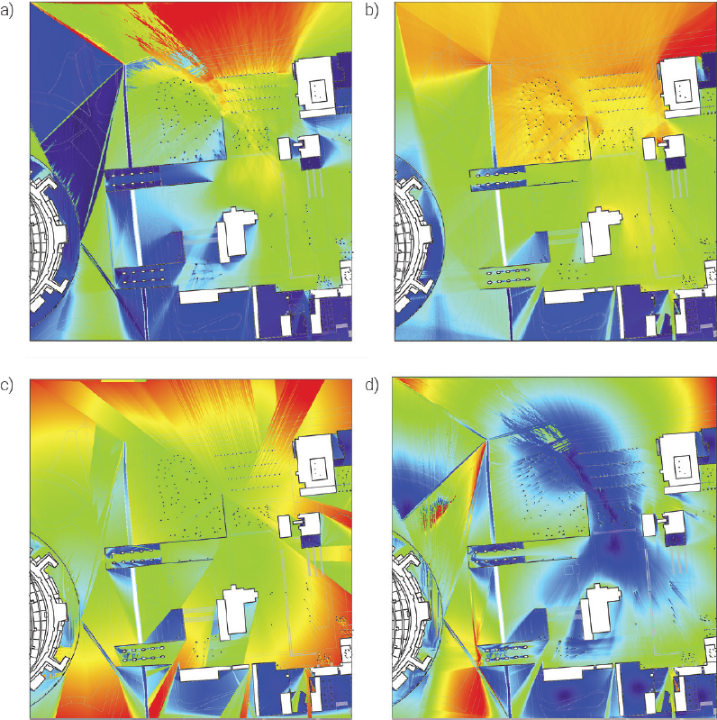 An�lisis de visibilidad de zona poniente: a) �rea; b) Covisibilidad; c) Longitud de vista; d) Drift o deriva.