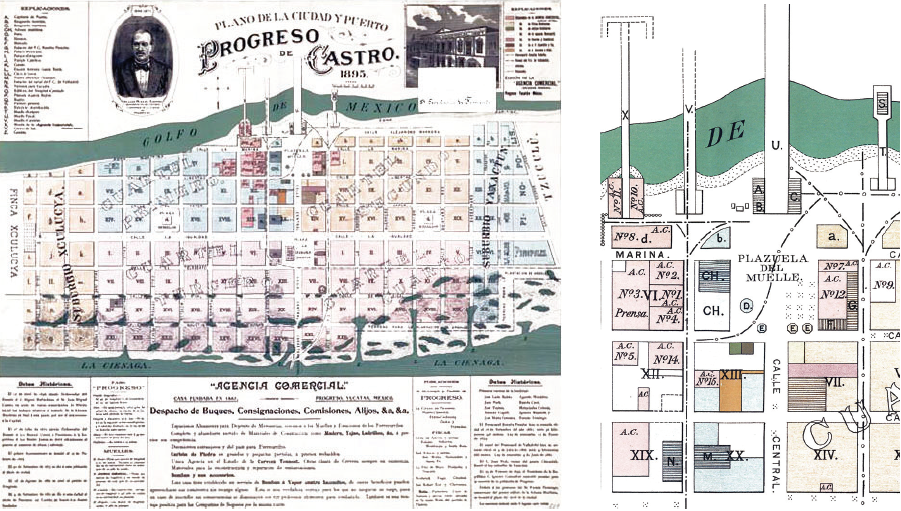 Plano de la ciudad y puerto de Progreso de Castro y espacio urbano donde se ubicaban los elementos de los sistemas de transporte mar�timo y ferroviario, 1895.