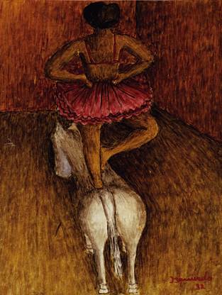 María Izquierdo, Bailarina ecuestre (1932). Acuarela, 26 x 21 cm. Colección del Museo de Arte Moderno de Gómez Palacios, Durango (México). Fotografía de Francisco Kochen. Reproducido con el permiso de María Rosenda López Posadas, representante legal de la propiedad intelectual de María Izquierdo.