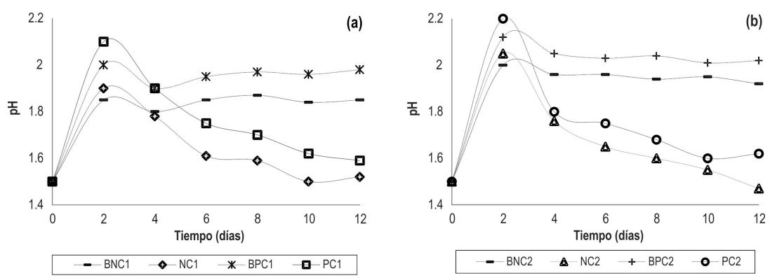 Comportamiento del pH vs. Tiempo. (a) hierro total: 200 mg/L (b) hierro
total: 1200 mg/L. P: ATCC 23270, N: aislado bacteriano compatible con
Acidithiobacillus ferrooxidans, C1: 200 mg/L, C2: 1200 mg/L, B: control
negativo.