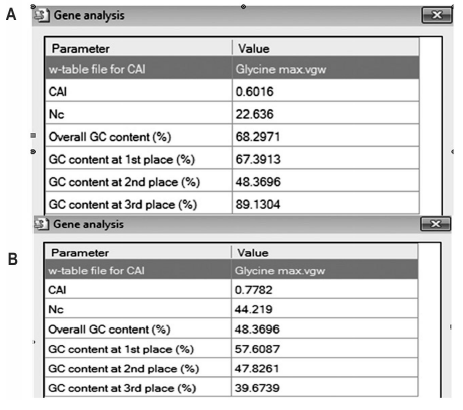 Par&aacute;metros iniciales (A) y finales (B) de la secuencia del gen bar, obtenidos con el programa Visual
Gene Developer.