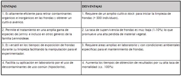 Descripción de las ventajas y desventajas del método Acreman (2007) de limpieza de frondas en Lemna.