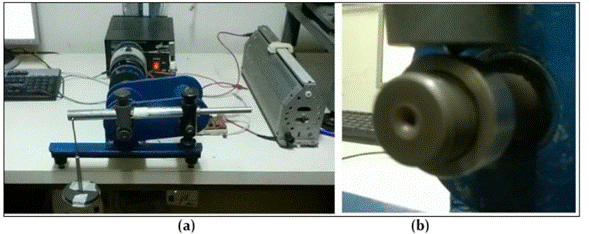 Tribómetro tipo bola sobre anillo (a) arreglo general del dispositivo (b) detalle de la geometría del contacto