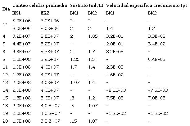 Crecimiento microbiano en BK1 y BK2.
