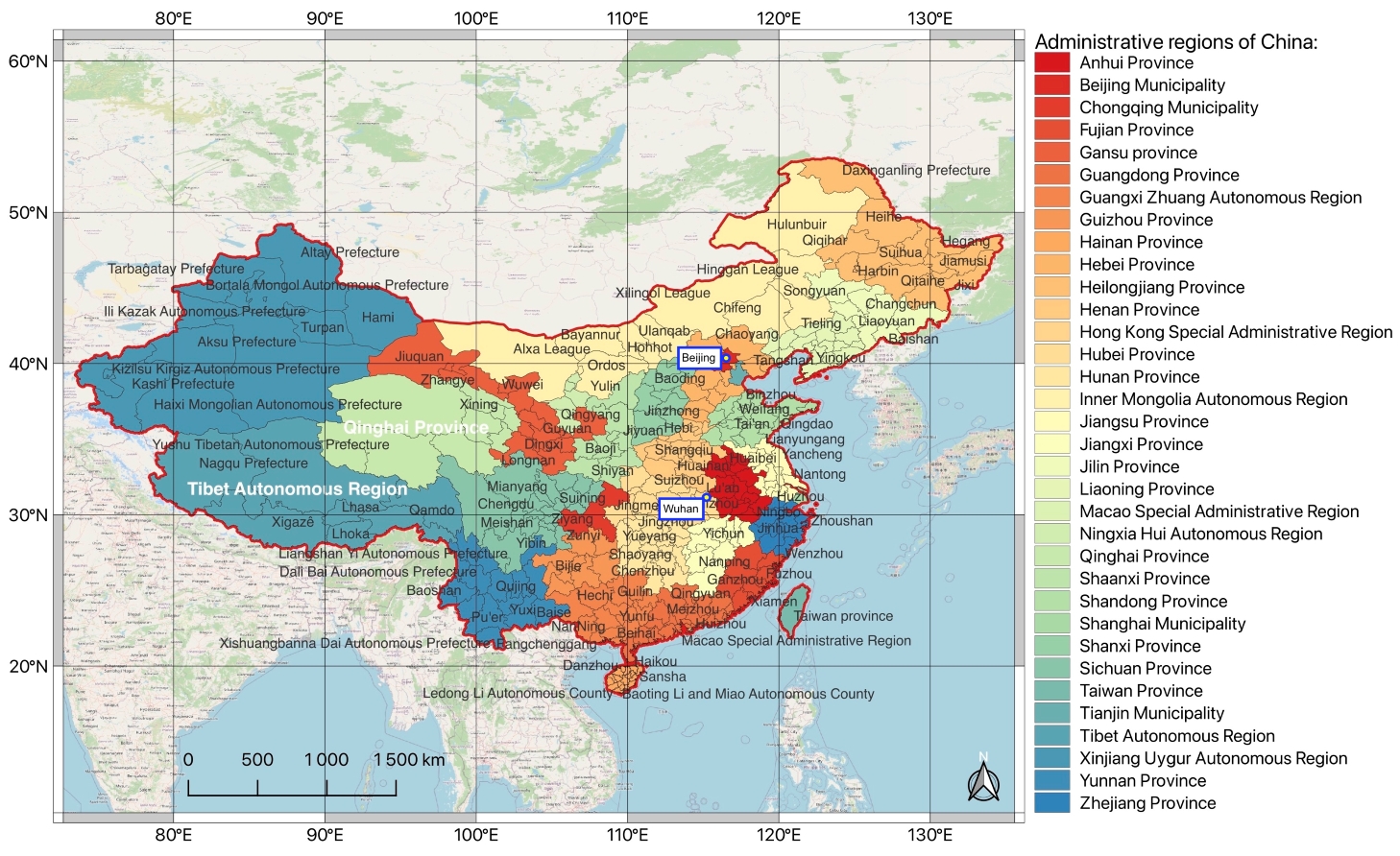 Localisation de la zone d’étude (Wuhan) sur la carte administrative de la Chine