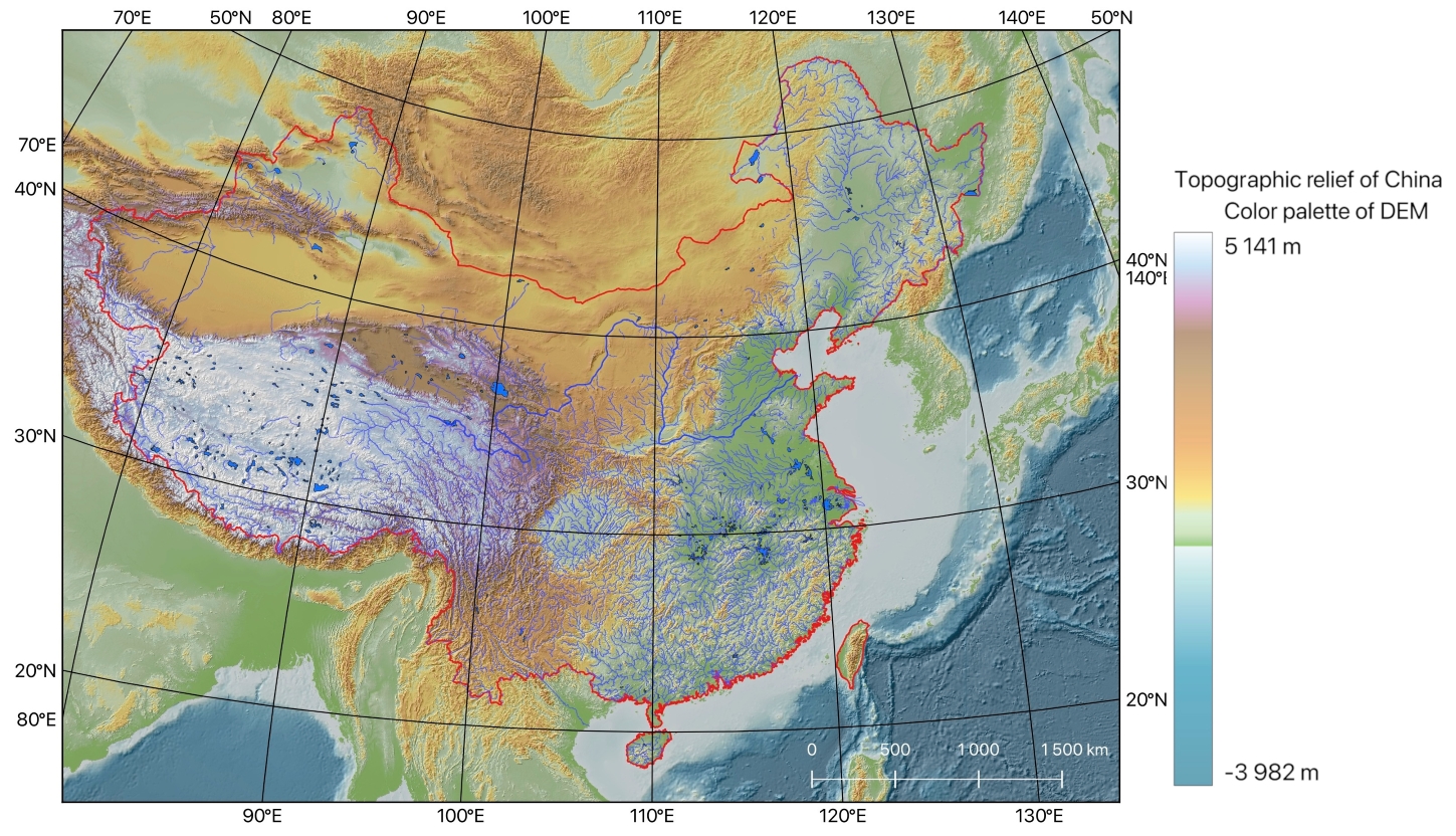 Relief topographique de la Chine : modèle numérique d’élévation (DEM)