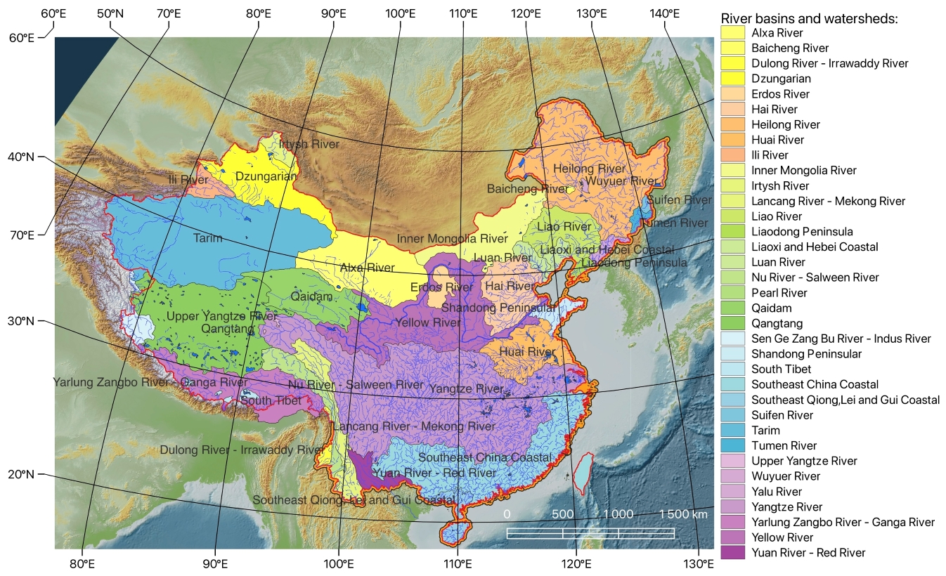 Réseau hydrologique en Chine : fleuves principaux et bassins versants