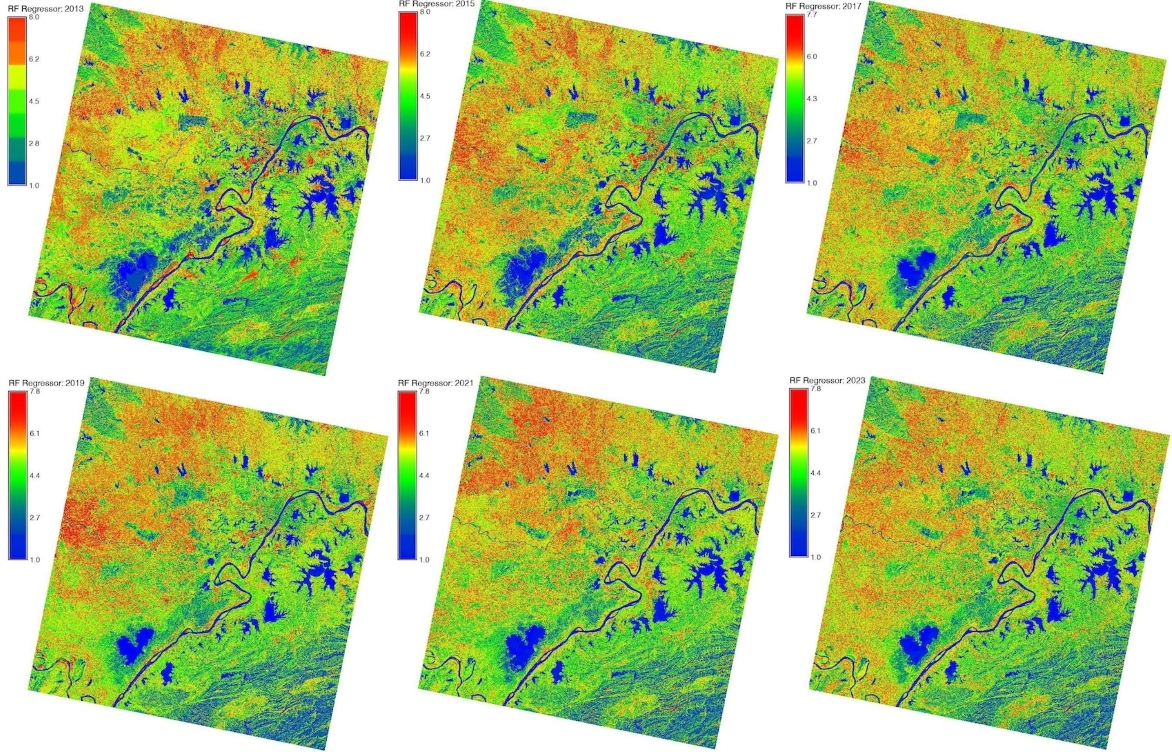 Images Landsat 8-9 traitées à l’aide de la méthode d’apprentissage automatique utilisant l’algorithme de forêt aléatoire (Random Forest Regressor) pour la classification dirigée