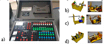 PLC module SIEMENS S7-1200 CPU 214C, b) Proximity sensor (digital input), c) Proximity sensor (digital input), and d) DC motor (digital output).