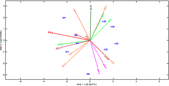 Interacci�n de las variables a trav�s del HJ-BIPLOT