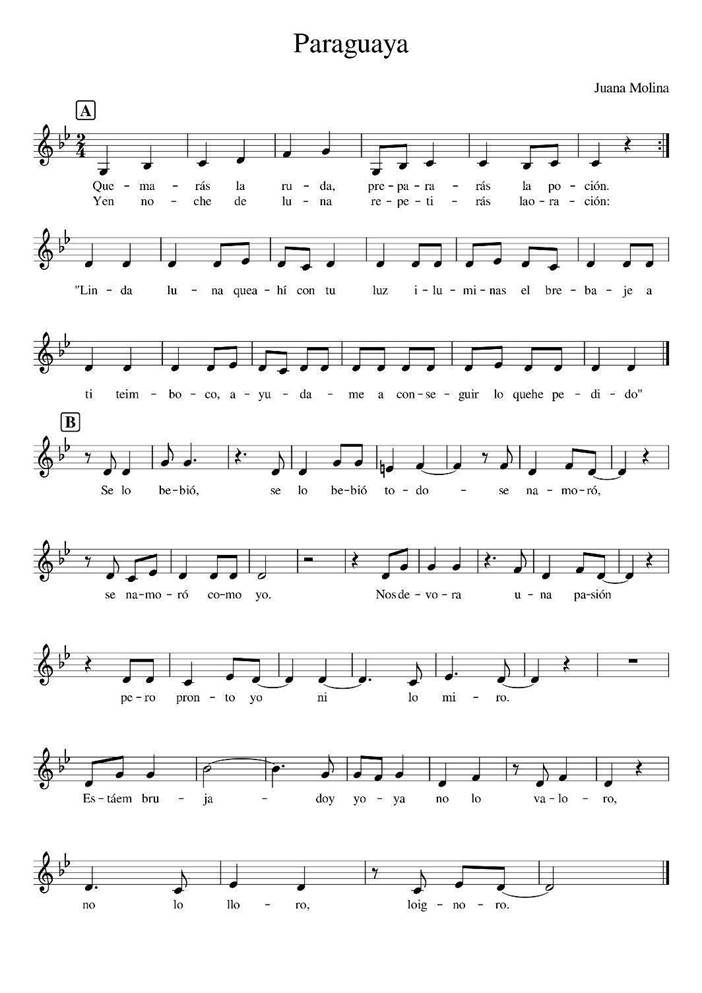 Melod�a y texto (estrofas A y B) de �Paraguaya�, Juana Molina (2017).