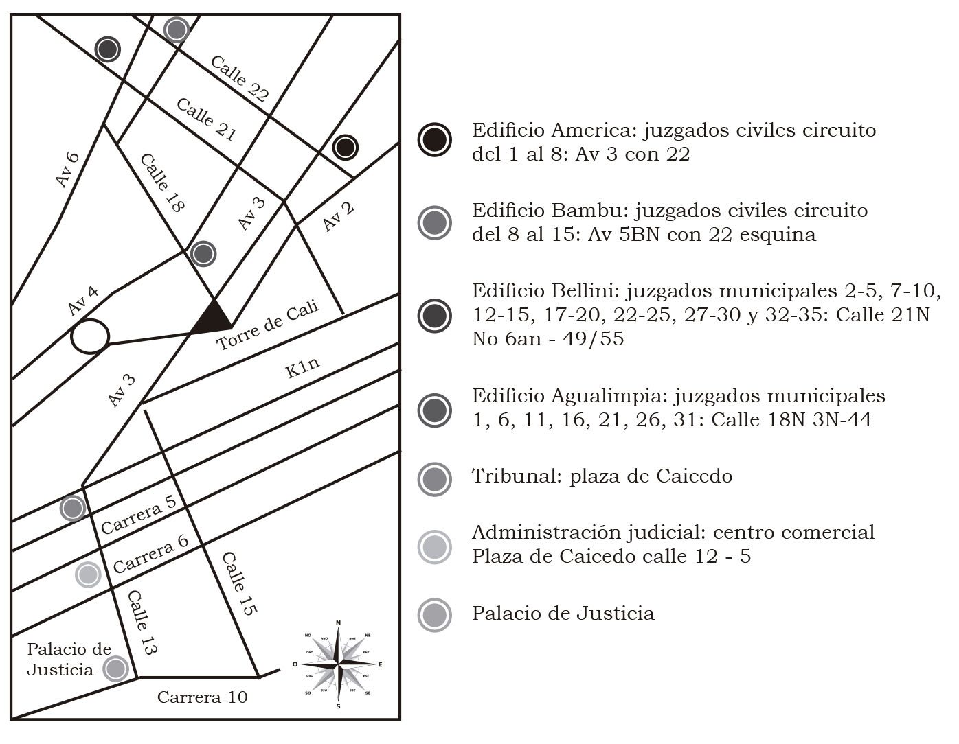 Mapa de la ubicación de los
juzgados civiles en Cali