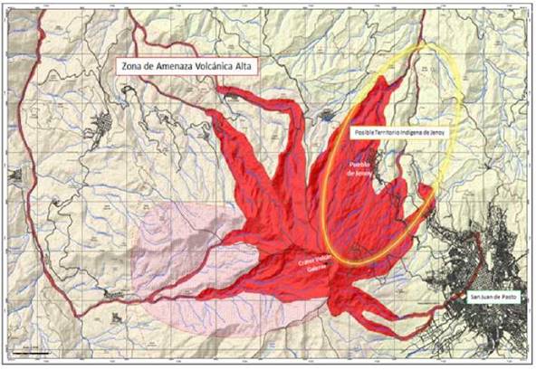 Mapa de la Zona de Amenaza Volcánica Alta. Territorio ancestral de los jenoyes