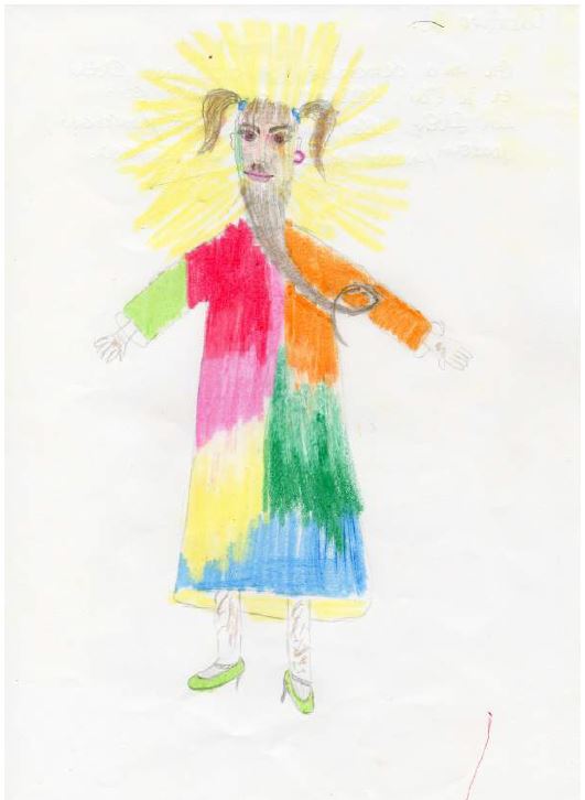 Figura divina asexual. Leyenda del ni&ntilde;o: &ldquo;Y lo dibuj&eacute; as&iacute;: un Dios ni&ntilde;a/ni&ntilde;o, bueno/malo, en cualquier parte/en ninguna parte. M&aacute;s todo en color&rdquo;