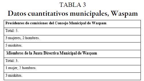 Datos cuantitativos municipales, Waspam