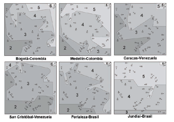 Análisis
Posac secundario por ciudades: Bogotá, Medellín,
Caracas, San Cristóbal, Fortaleza y Jundiaí