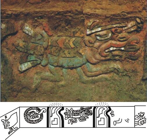 Frisos policromos en el atrio de la edificaci�n central de Garagay (ilustraci�n modificada con base en Ravines, 1975; Ravines e Isbell, 1975)