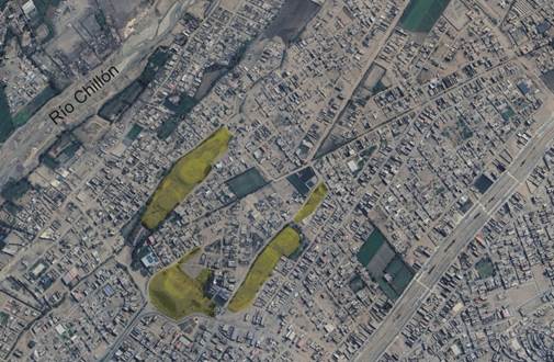 Zona Arqueol�gica Monumental Huacoy encerrada por la mancha urbana (modificaci�n de fotograf�a: Google Earth, 2024)