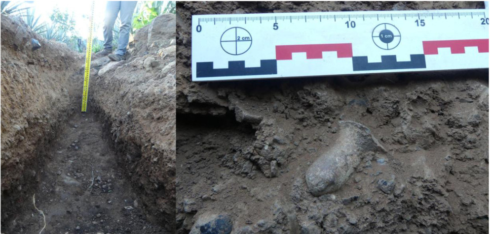 Perfil estratigr�fico de &ldquo;Ca�da de agua&rdquo; (fotograf�a de Axl Rosales Rodr�guez) Figura 7. Evidencias materiales asociadas al perfil estratigr�fico y su ocupaci�n poscl�sica (fotograf�a de Axl Rosales Rodr�guez)  